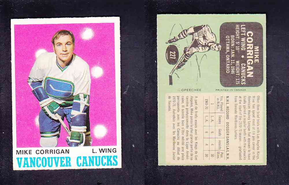 1970-71 O-PEE-CHEE HOCKEY CARD #227 M. CORRIGAN photo 1970-71 O-PEE-CHEE HOCKEY CARD #227 M. CORRIGAN photo
