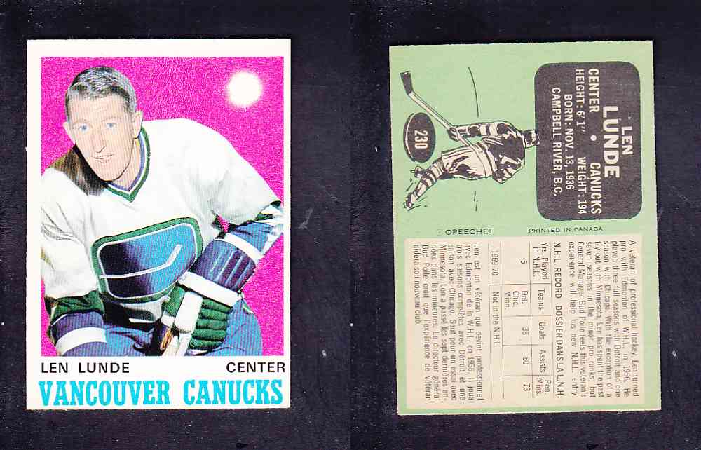 1970-71 O-PEE-CHEE HOCKEY CARD #230 L. LUNDE photo 1970-71 O-PEE-CHEE HOCKEY CARD #230 L. LUNDE photo