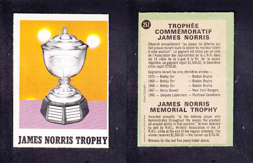 1970-71 O-PEE-CHEE HOCKEY CARD #257 JAMES NORRIS TROPHY photo 1970-71 O-PEE-CHEE HOCKEY CARD #257 JAMES NORRIS TROPHY photo