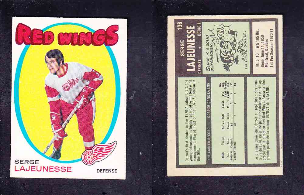 1971-72 O-PEE-CHEE HOCKEY CARD #136 S. LAJEUNESSE photo 1971-72 O-PEE-CHEE HOCKEY CARD #136 S. LAJEUNESSE photo