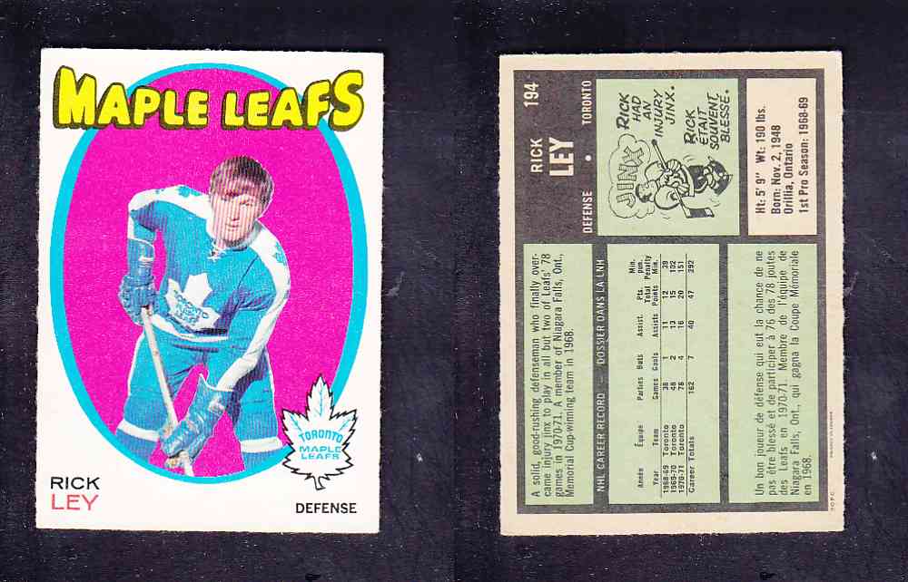 1971-72 O-PEE-CHEE HOCKEY CARD #194 R. LEY photo 1971-72 O-PEE-CHEE HOCKEY CARD #194 R. LEY photo