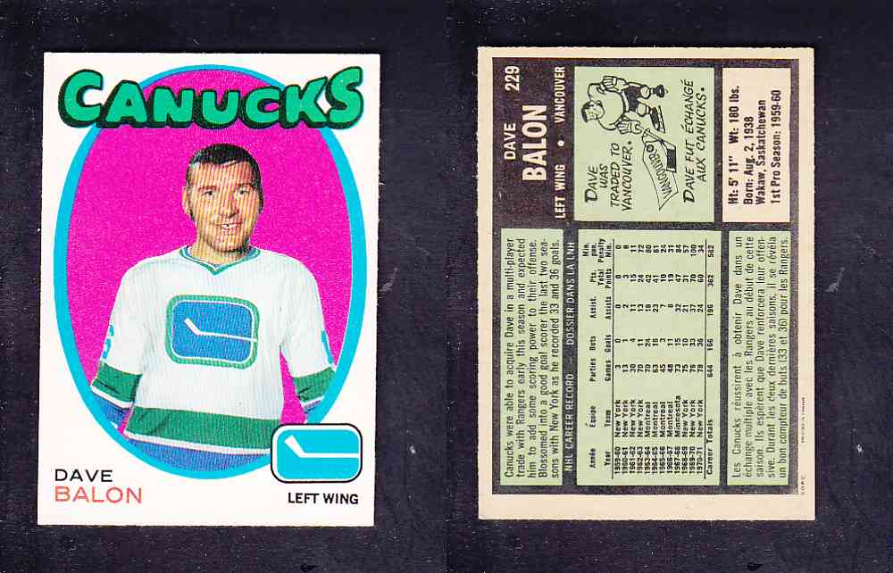 1971-72 O-PEE-CHEE HOCKEY CARD #229 D. BALON photo 1971-72 O-PEE-CHEE HOCKEY CARD #229 D. BALON photo