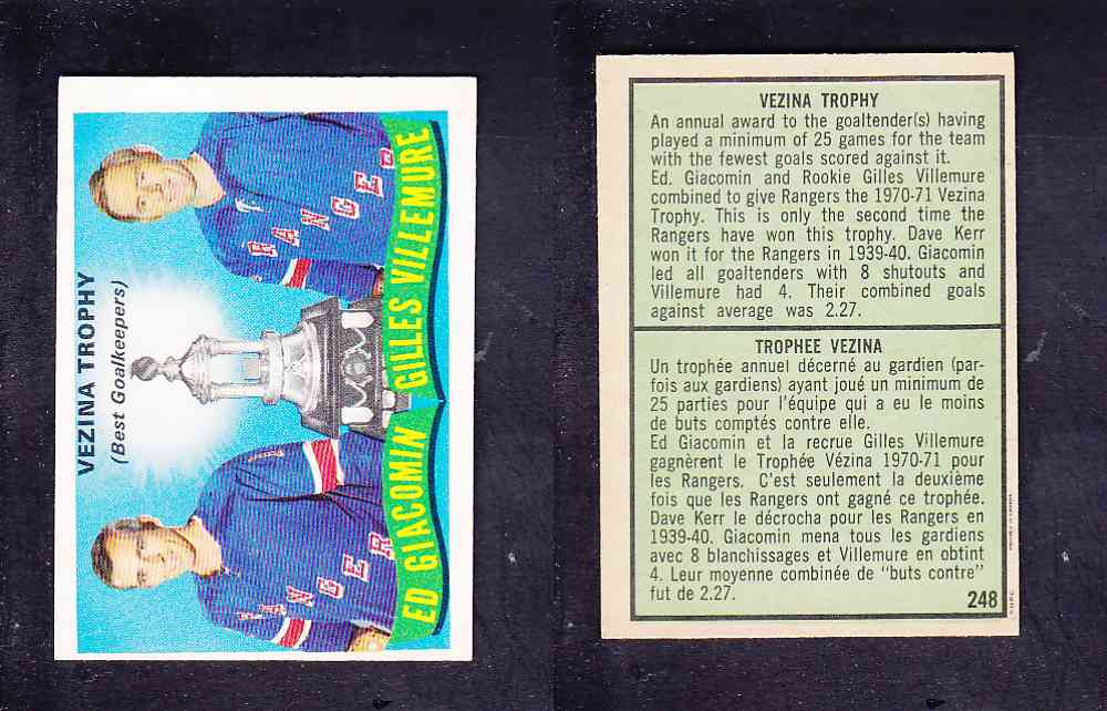 1971-72 O-PEE-CHEE HOCKEY CARD #248 VEZINA TROPHY photo 1971-72 O-PEE-CHEE HOCKEY CARD #248 VEZINA TROPHY photo