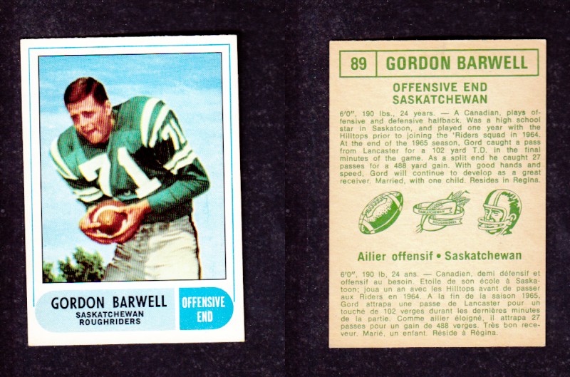 1968 CFL O-PEE-CHEE FOOTBALL CARD #89 G. BARWELL photo 1968 CFL O-PEE-CHEE FOOTBALL CARD #89 G. BARWELL photo