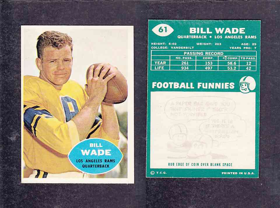 1960 NFL TOPPS FOOTBALL CARD #61 B. WADE photo 1960 NFL TOPPS FOOTBALL CARD #61 B. WADE photo