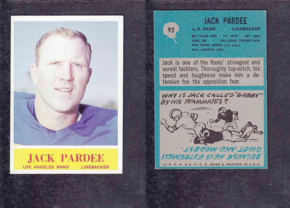 1965 NFL PHILADELPHIA FOOTBALL CARD #92 J. PARDEE photo 1965 NFL PHILADELPHIA FOOTBALL CARD #92 J. PARDEE photo