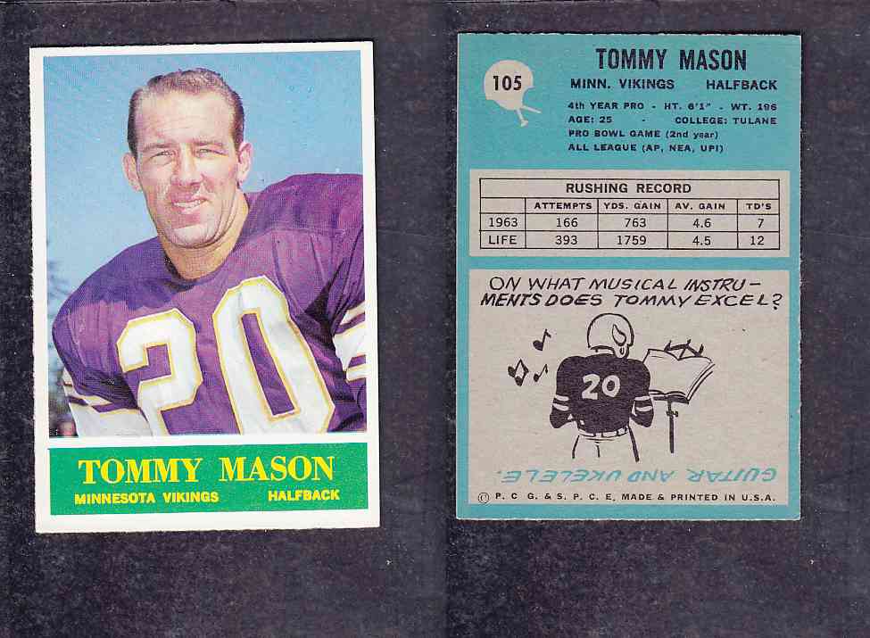 1965 NFL PHILADELPHIA FOOTBALL CARD #105 T. MASON photo 1965 NFL PHILADELPHIA FOOTBALL CARD #105 T. MASON photo