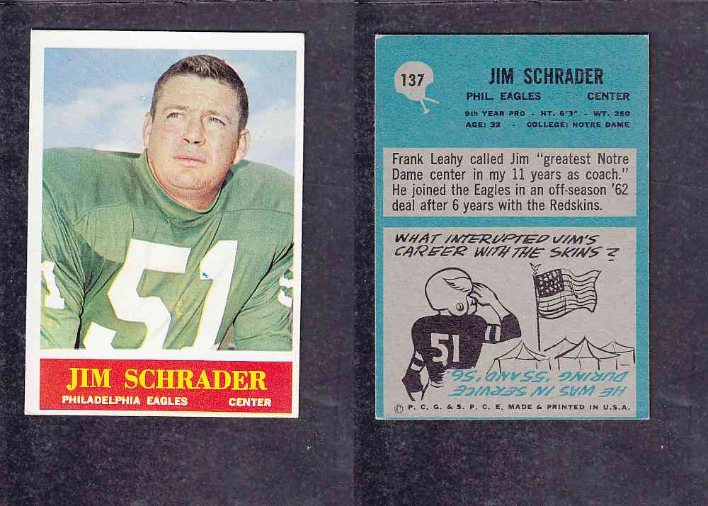 1965 NFL PHILADELPHIA FOOTBALL CARD #137 J. SCHRADER photo 1965 NFL PHILADELPHIA FOOTBALL CARD #137 J. SCHRADER photo