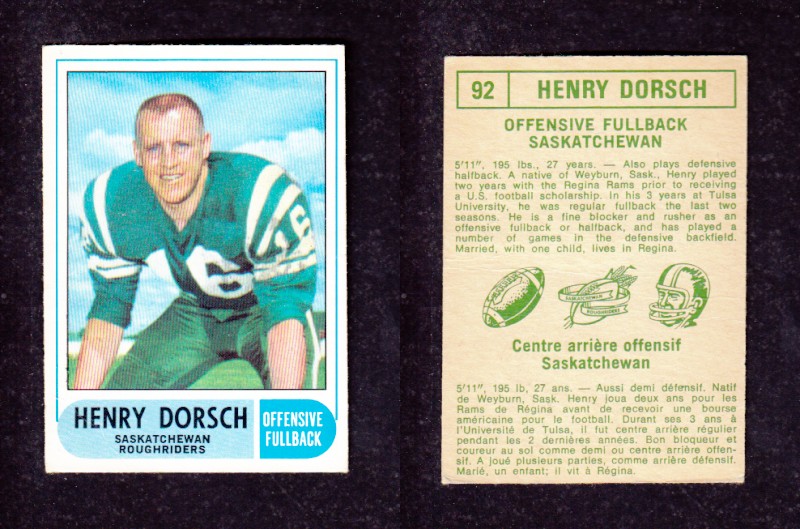1968 CFL O-PEE-CHEE FOOTBALL CARD #92 H. DORSH photo 1968 CFL O-PEE-CHEE FOOTBALL CARD #92 H. DORSH photo