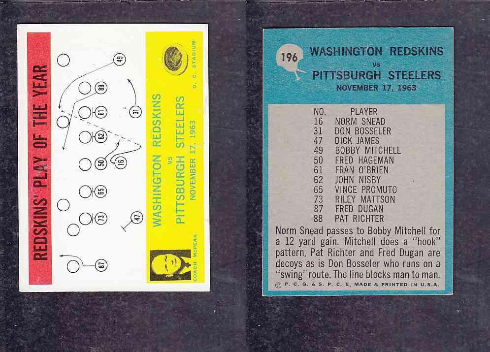 1965 NFL PHILADELPHIA FOOTBALL CARD #196 REDSKINS' PLAY OF THE YEAR photo 1965 NFL PHILADELPHIA FOOTBALL CARD #196 REDSKINS' PLAY OF THE YEAR photo
