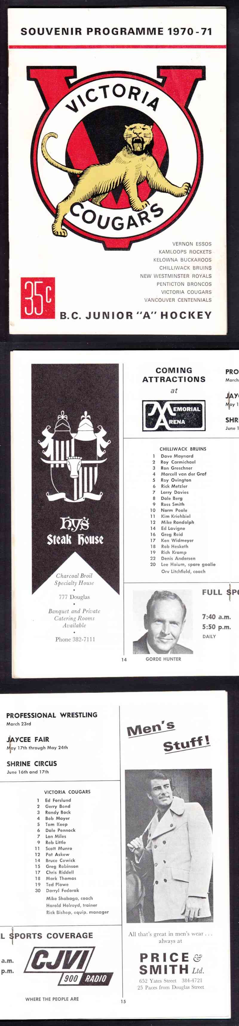 1970-71 VICTORIA COUGARS VS CHILLIWACK BRUINS PROGRAM photo 1970-71 VICTORIA COUGARS VS CHILLIWACK BRUINS PROGRAM photo