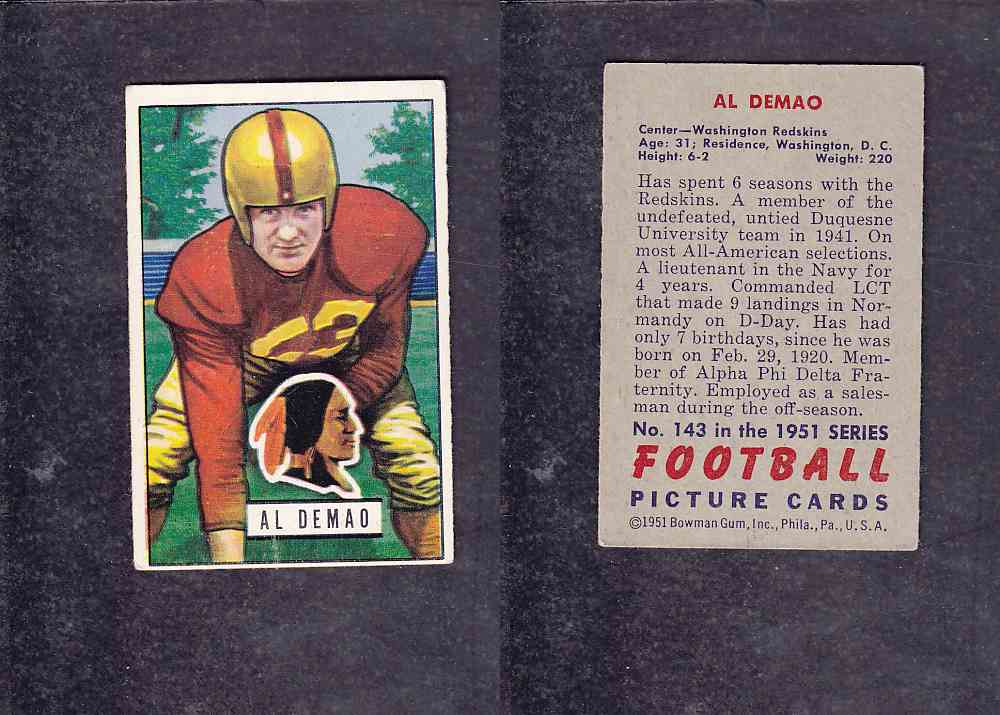 1951 NFL BOWMAN FOOTBALL CARD #143 A. DEMAO photo