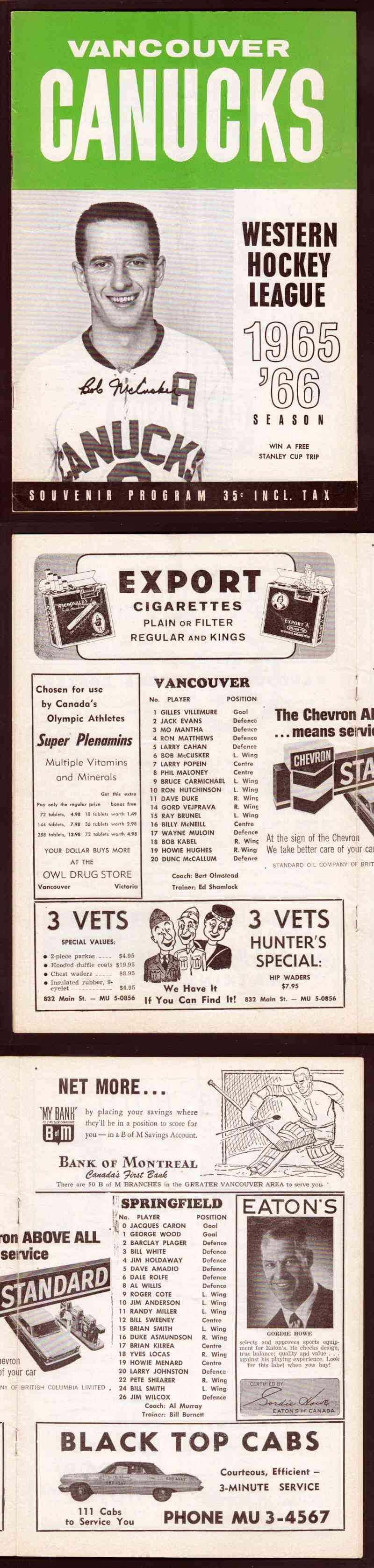 1965-66 VANCOUVER CANUCKS VS SPRINGFIELD INDIANS PROGRAM photo