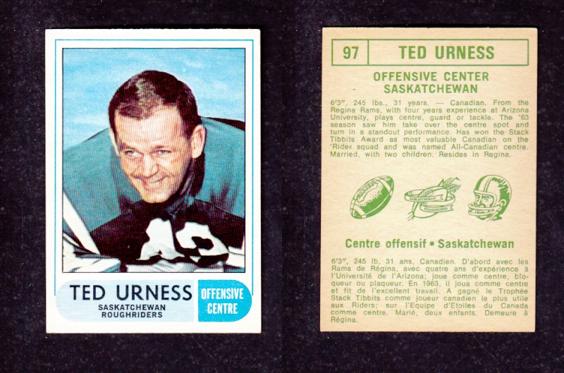 1968 CFL O-PEE-CHEE FOOTBALL CARD #97 T. URNESS photo 1968 CFL O-PEE-CHEE FOOTBALL CARD #97 T. URNESS photo