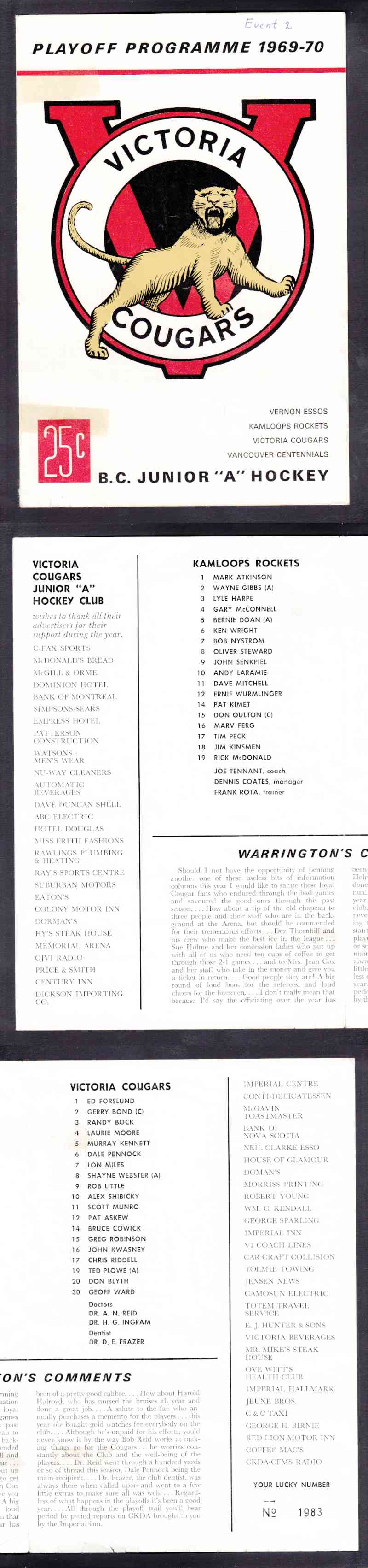1969-70 VICTORIA COUGARS VS KAMLOOPS ROCKETS PROGRAM photo 1969-70 VICTORIA COUGARS VS KAMLOOPS ROCKETS PROGRAM photo