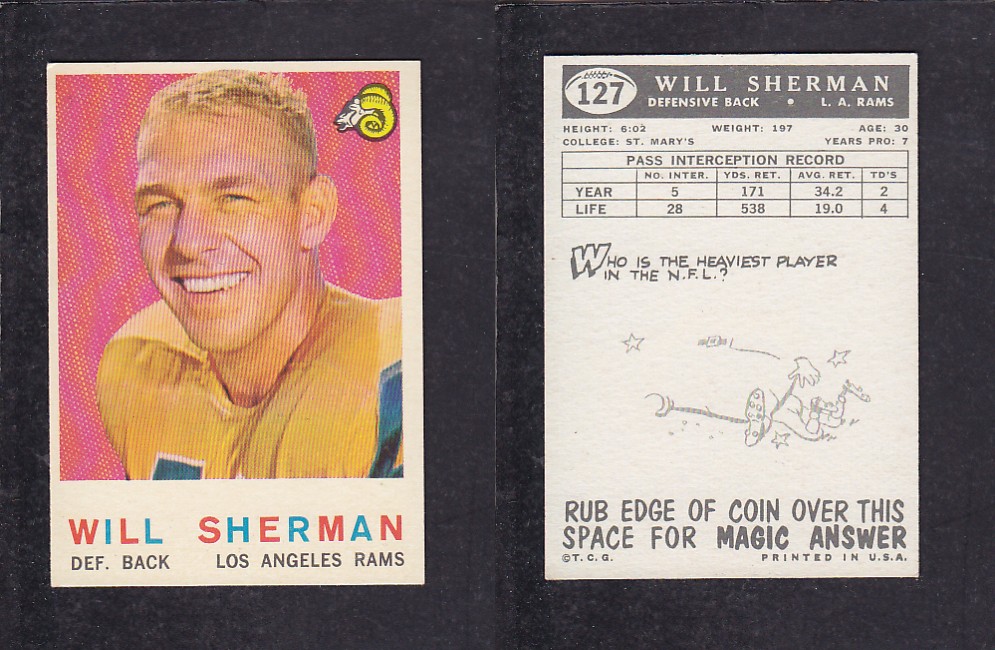 1959 NFL TOPPS FOOTBALL CARD #127 W. SHERMAN photo 1959 NFL TOPPS FOOTBALL CARD #127 W. SHERMAN photo