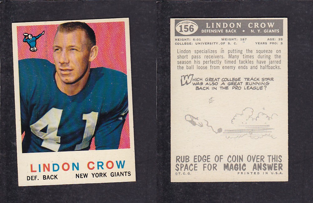 1959 NFL TOPPS FOOTBALL CARD #156 L. CROW photo 1959 NFL TOPPS FOOTBALL CARD #156 L. CROW photo