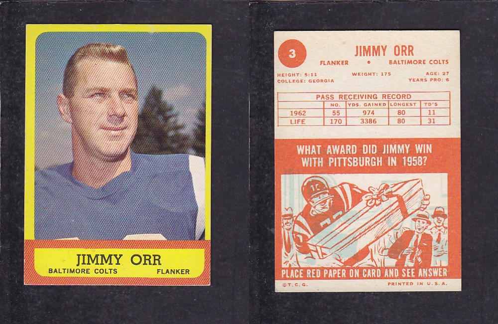 1963 NFL TOPPS FOOTBALL CARD #3 J. ORR photo 1963 NFL TOPPS FOOTBALL CARD #3 J. ORR photo
