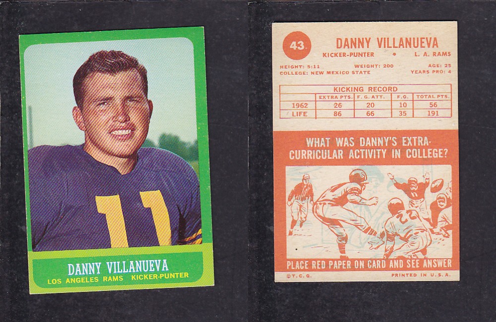 1963 NFL TOPPS FOOTBALL CARD #43 D. VILLANUEVA photo 1963 NFL TOPPS FOOTBALL CARD #43 D. VILLANUEVA photo