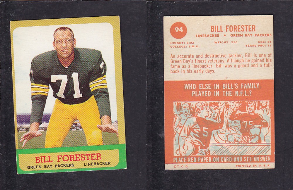 1963 NFL TOPPS FOOTBALL CARD #94 B. FORESTER photo 1963 NFL TOPPS FOOTBALL CARD #94 B. FORESTER photo