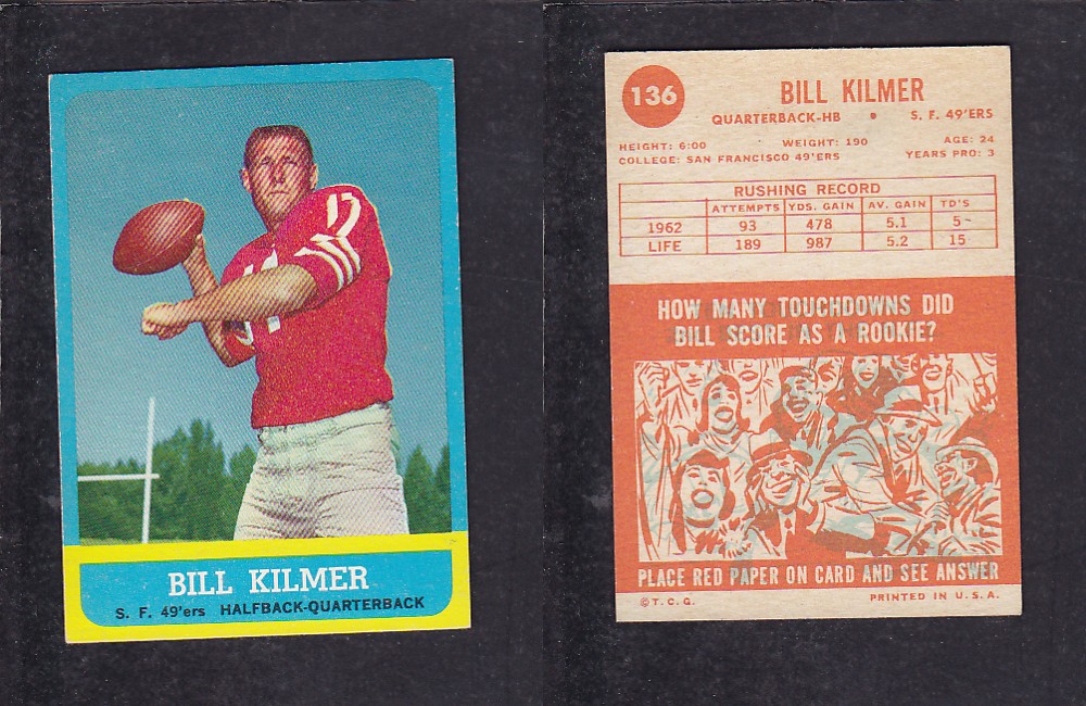 1963 NFL TOPPS FOOTBALL CARD #136 B. KILMER photo 1963 NFL TOPPS FOOTBALL CARD #136 B. KILMER photo