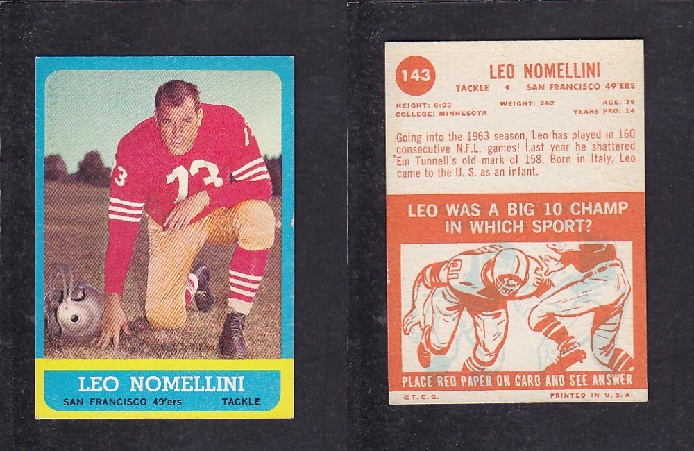 1963 NFL TOPPS FOOTBALL CARD #143 L. NOMELLINI photo 1963 NFL TOPPS FOOTBALL CARD #143 L. NOMELLINI photo