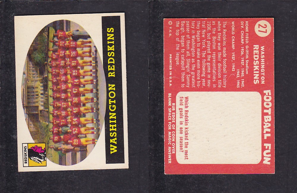 1958 NFL TOPPS FOOTBALL CARD #27 WASHINGTON REDSKINS photo 1958 NFL TOPPS FOOTBALL CARD #27 WASHINGTON REDSKINS photo