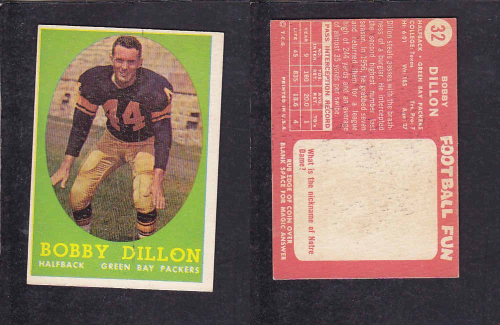 1958 NFL TOPPS FOOTBALL CARD #32 B. DILLON photo 1958 NFL TOPPS FOOTBALL CARD #32 B. DILLON photo