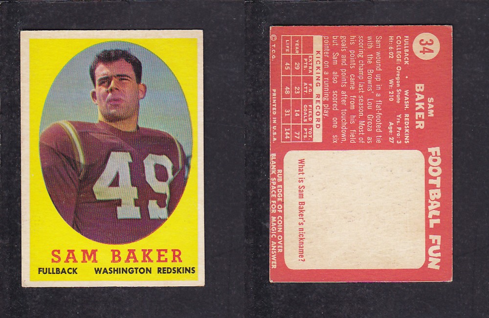 1958 NFL TOPPS FOOTBALL CARD #34 S. BAKER photo 1958 NFL TOPPS FOOTBALL CARD #34 S. BAKER photo