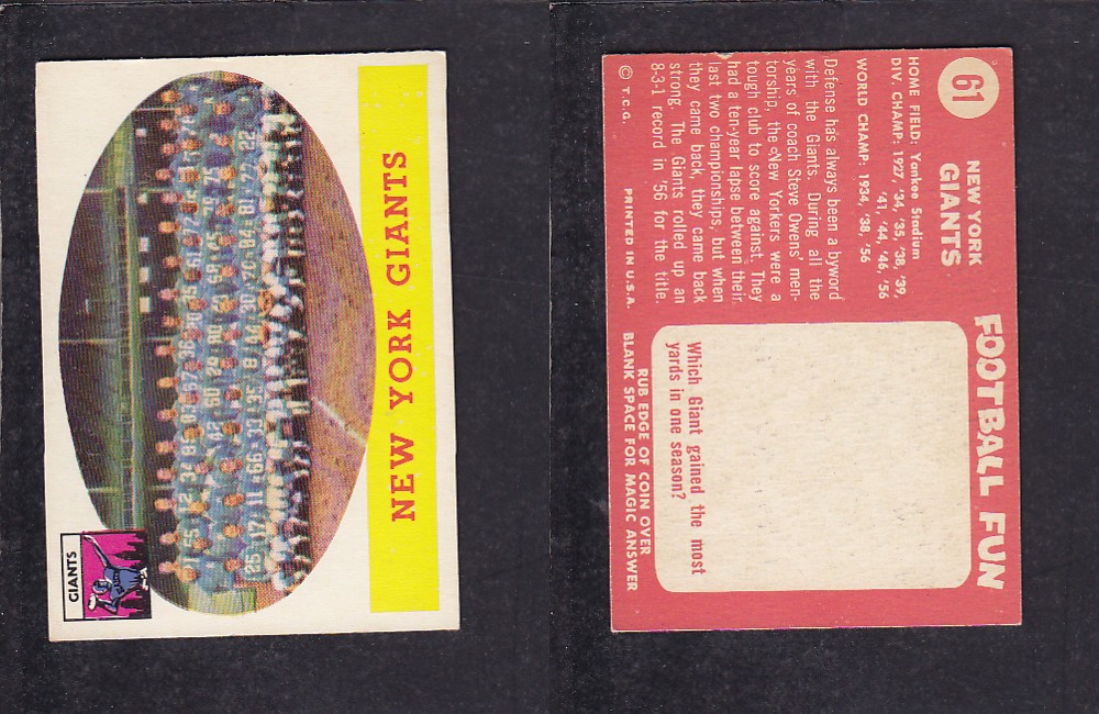 1958 NFL TOPPS FOOTBALL CARD #61 NEW YORK GIANTS photo 1958 NFL TOPPS FOOTBALL CARD #61 NEW YORK GIANTS photo