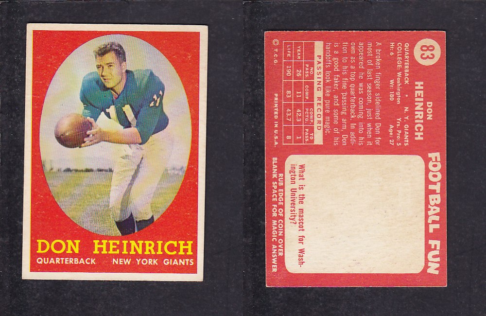 1958 NFL TOPPS FOOTBALL CARD #83 D. HEINRICH photo 1958 NFL TOPPS FOOTBALL CARD #83 D. HEINRICH photo