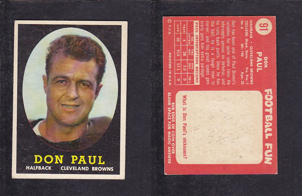 1958 NFL TOPPS FOOTBALL CARD #91 D. PAUL photo 1958 NFL TOPPS FOOTBALL CARD #91 D. PAUL photo