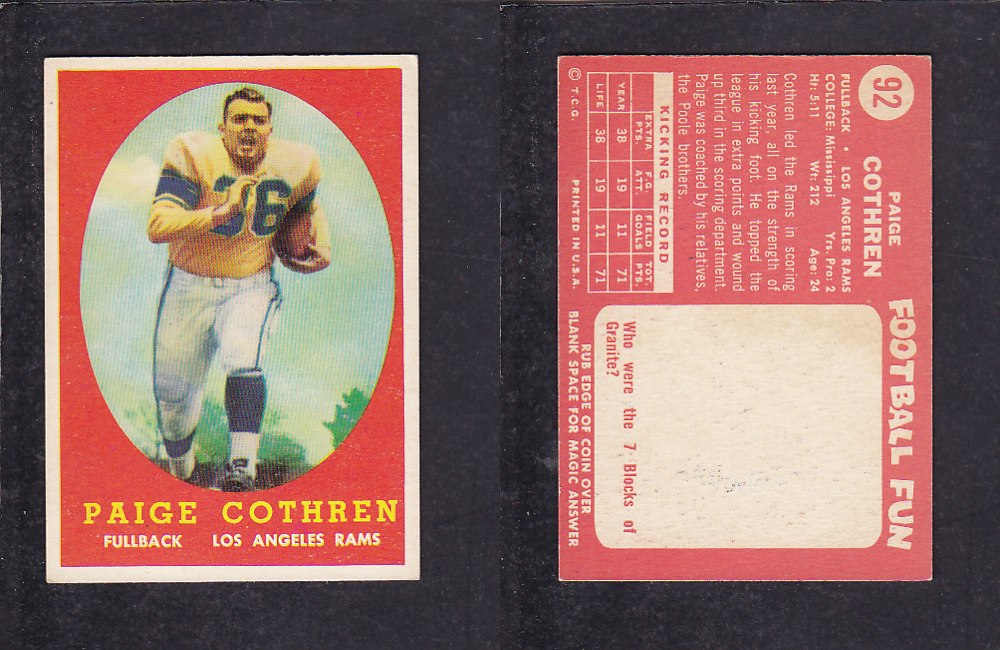 1958 NFL TOPPS FOOTBALL CARD #92 P. COTHREN photo 1958 NFL TOPPS FOOTBALL CARD #92 P. COTHREN photo