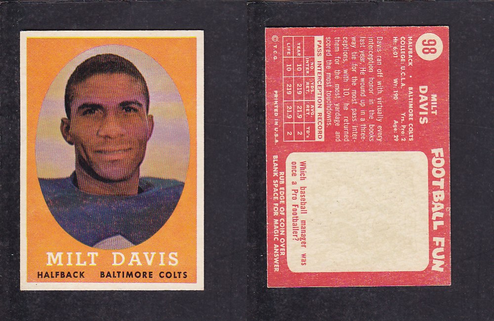 1958 NFL TOPPS FOOTBALL CARD #98 M. DAVIS photo 1958 NFL TOPPS FOOTBALL CARD #98 M. DAVIS photo