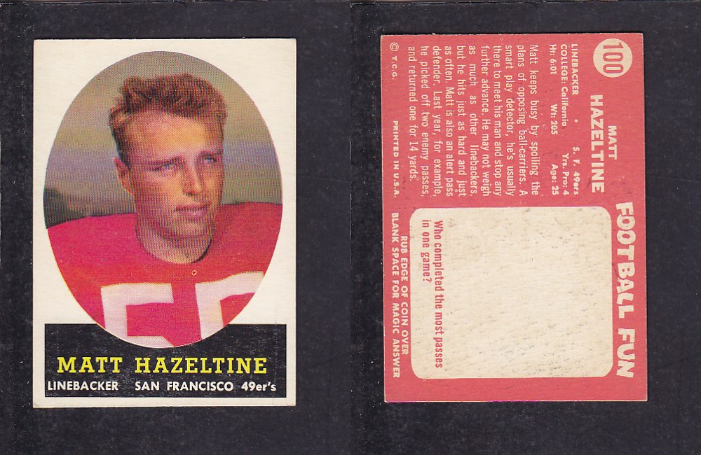 1958 NFL TOPPS FOOTBALL CARD #100 M. HAZELTINE photo 1958 NFL TOPPS FOOTBALL CARD #100 M. HAZELTINE photo