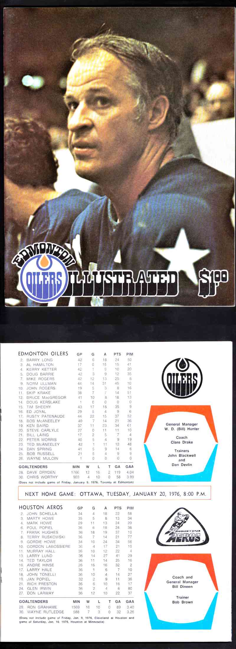 1976 WHA EDMONTON OILERS VS HOUSTON AEROS PROGRAM photo