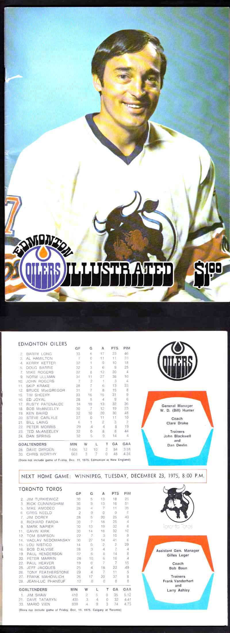 1975 WHA EDMONTON OILERS VS TORONTO TOROS PROGRAM photo 1975 WHA EDMONTON OILERS VS TORONTO TOROS PROGRAM photo