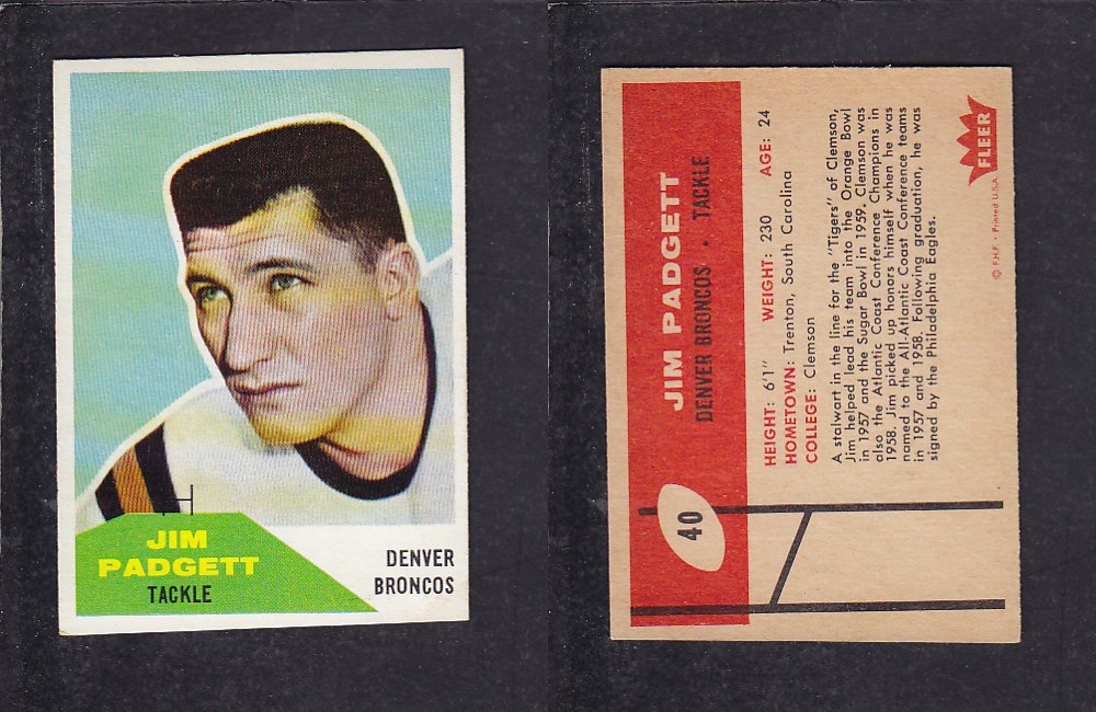1960 NFL FLEER FOOTBALL CARD #40 J. PADGETT photo 1960 NFL FLEER FOOTBALL CARD #40 J. PADGETT photo