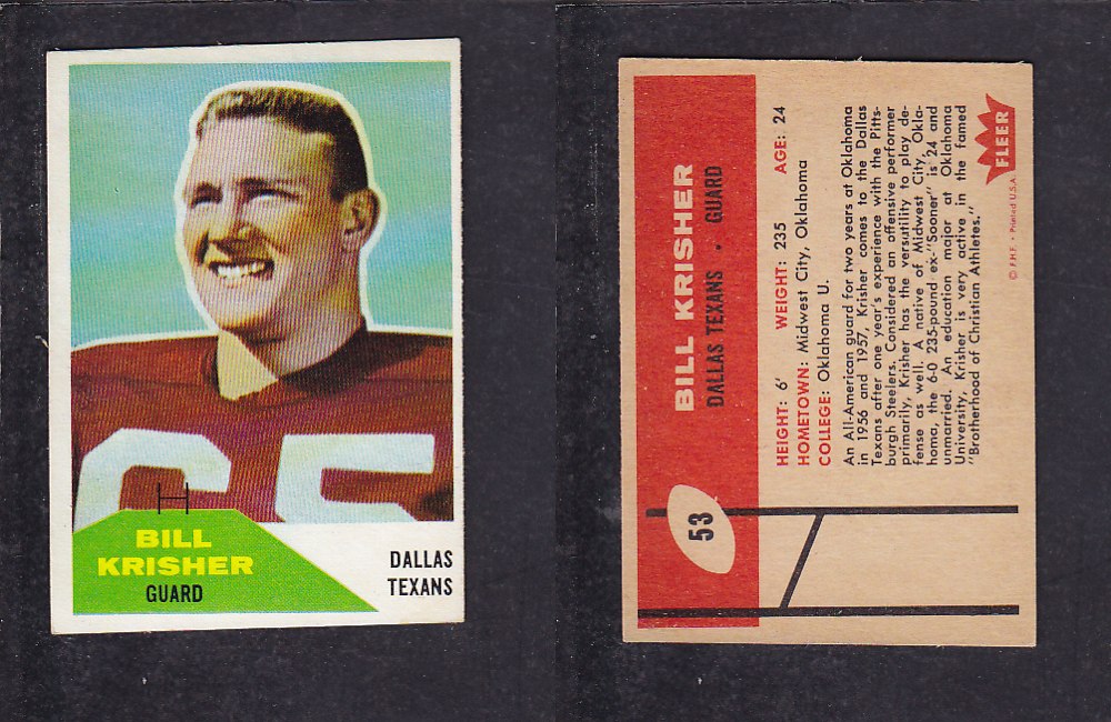 1960 NFL FLEER FOOTBALL CARD #53 B. KRISHER photo 1960 NFL FLEER FOOTBALL CARD #53 B. KRISHER photo