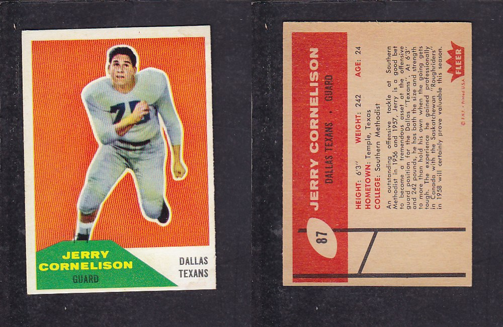1960 NFL FLEER FOOTBALL CARD #87 J. CORNELISON photo 1960 NFL FLEER FOOTBALL CARD #87 J. CORNELISON photo
