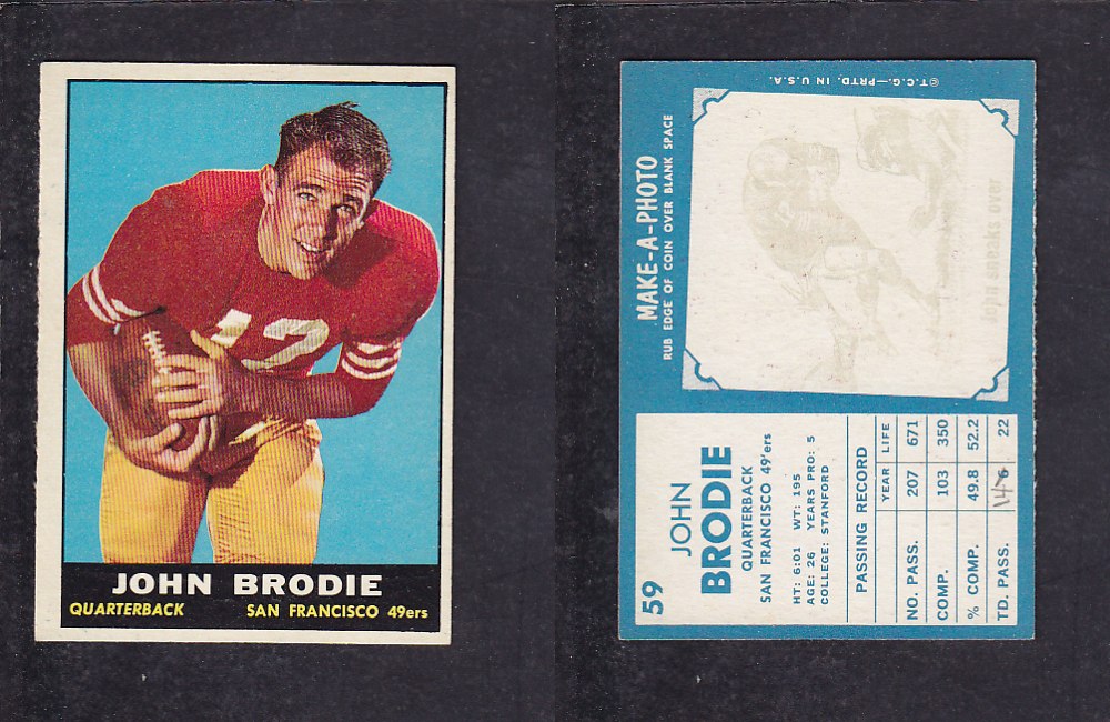 1961 NFL TOPPS FOOTBALL CARD #59 J. BRODIE photo 1961 NFL TOPPS FOOTBALL CARD #59 J. BRODIE photo