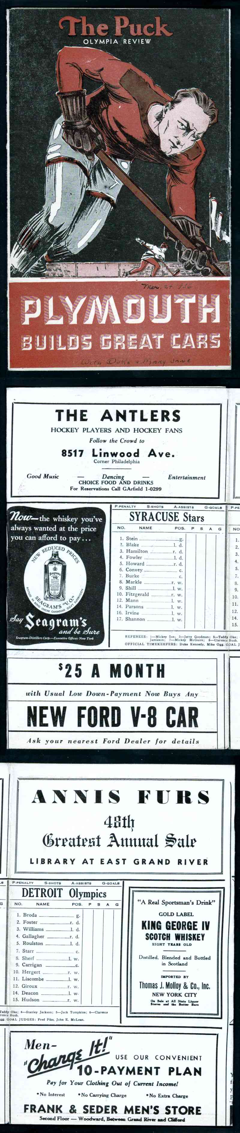 1936 DETROIT OLYMPICS VS SYRACUSE STAR PROGRAM photo