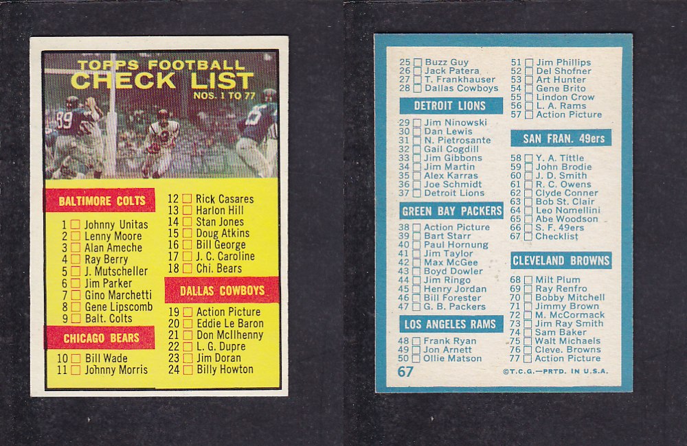 1961 NFL TOPPS FOOTBALL CARD #67 CHECK LIST photo 1961 NFL TOPPS FOOTBALL CARD #67 CHECK LIST photo