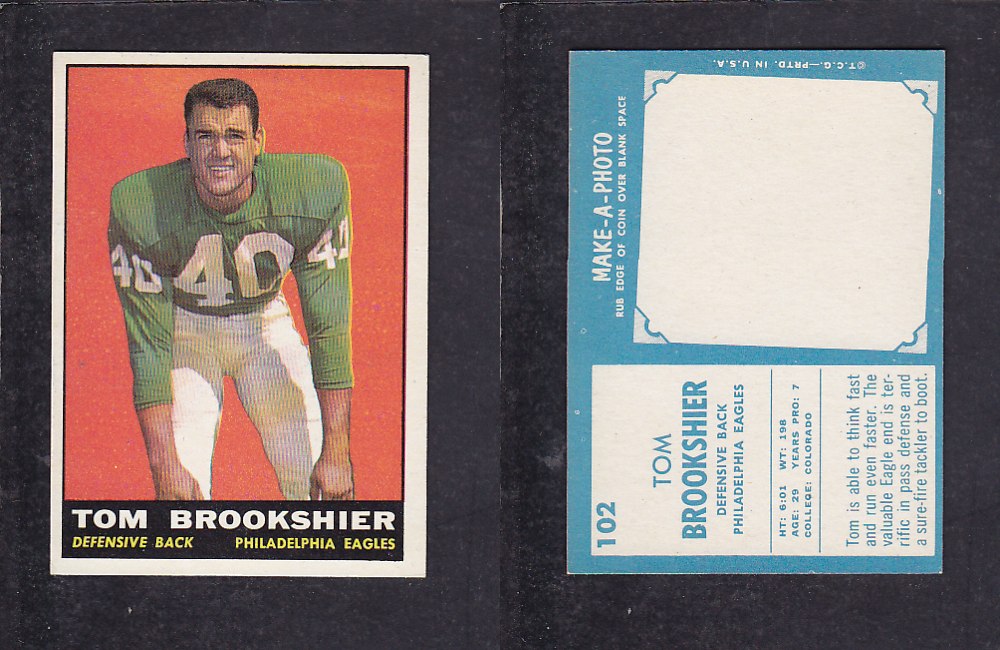 1961 NFL TOPPS FOOTBALL CARD #102 T. BROOKSHIER photo 1961 NFL TOPPS FOOTBALL CARD #102 T. BROOKSHIER photo