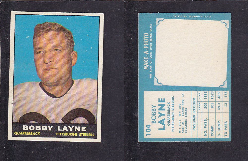 1961 NFL TOPPS FOOTBALL CARD #104 B. LAYNE photo 1961 NFL TOPPS FOOTBALL CARD #104 B. LAYNE photo