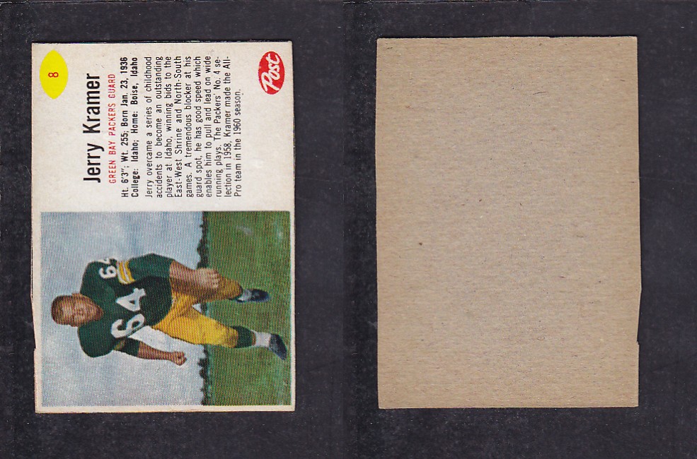 1962 NFL POST FOOTBALL CARD #8 J. KRAMER photo 1962 NFL POST FOOTBALL CARD #8 J. KRAMER photo