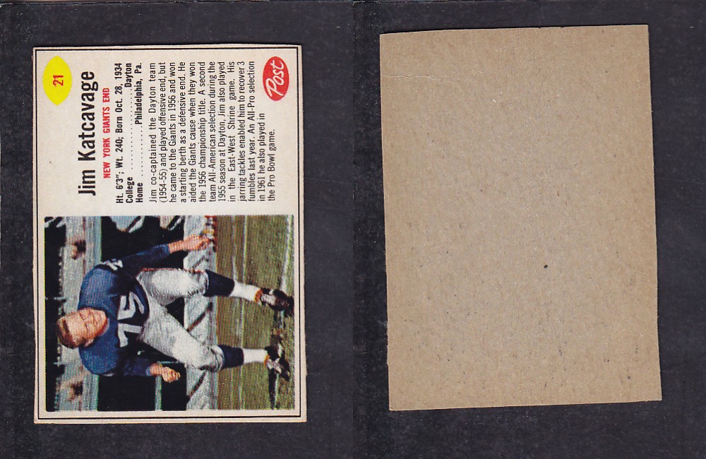 1962 NFL POST FOOTBALL CARD #21 J. KATCAVAGE photo 1962 NFL POST FOOTBALL CARD #21 J. KATCAVAGE photo