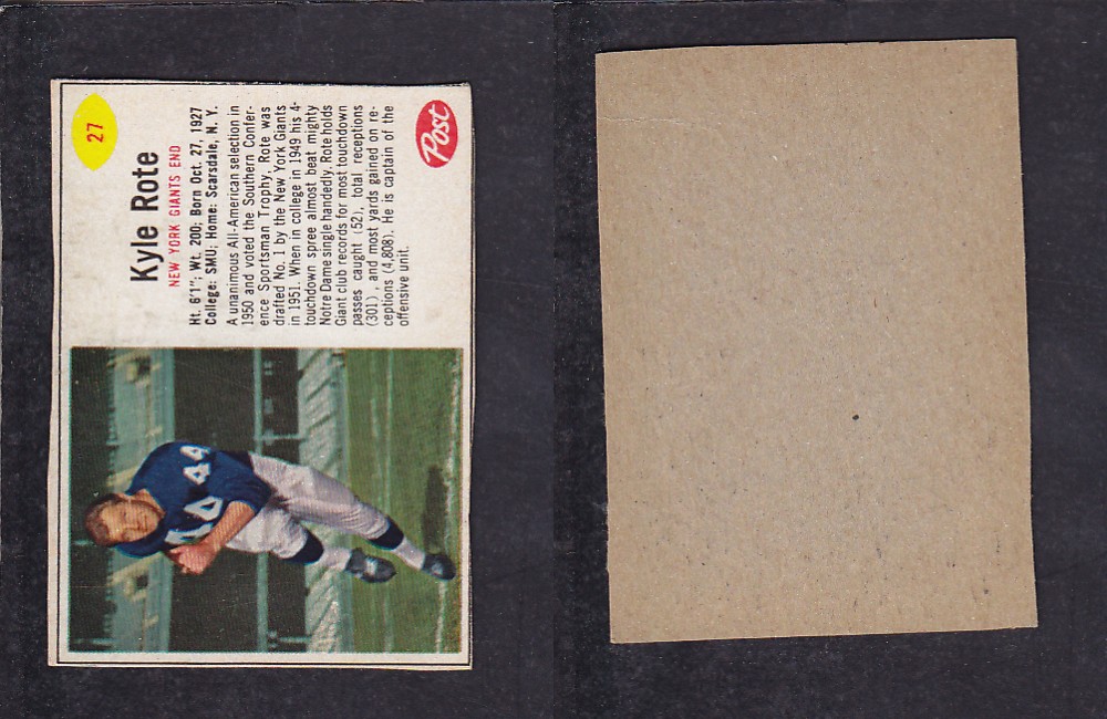1962 NFL POST FOOTBALL CARD #27 K. ROTE photo 1962 NFL POST FOOTBALL CARD #27 K. ROTE photo