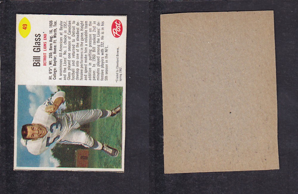 1962 NFL POST FOOTBALL CARD #49 B. GLASS photo 1962 NFL POST FOOTBALL CARD #49 B. GLASS photo