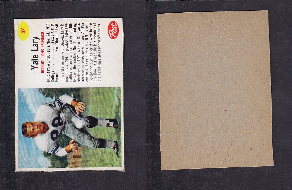 1962 NFL POST FOOTBALL CARD #52 Y. LARY photo 1962 NFL POST FOOTBALL CARD #52 Y. LARY photo